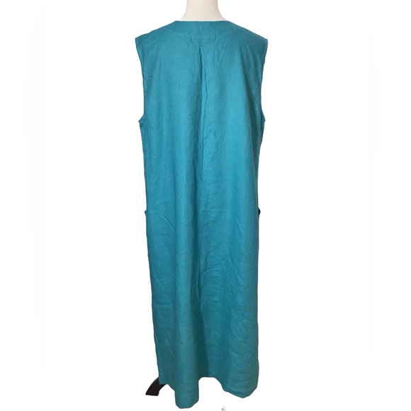 Mondo Bellisimo Handmade Teal Blue Linen V Neck Midi Sleeveless Shift Dress NWOT - Picture 4 of 9